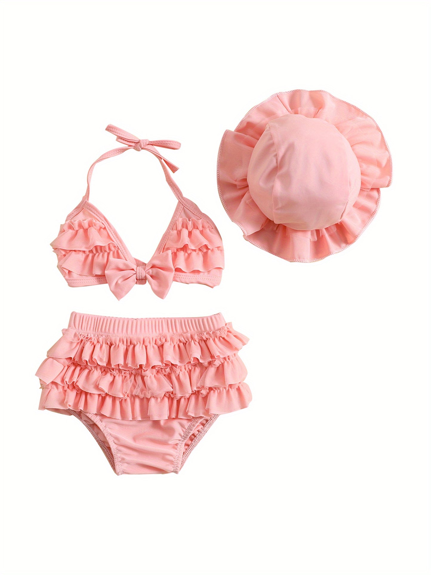 (3-36M) Baby Girls Summer Swimwear Outfit Sets Hanging Neck Tops + Layered Ruffle Shorts + Hat 2pcs bathing suit