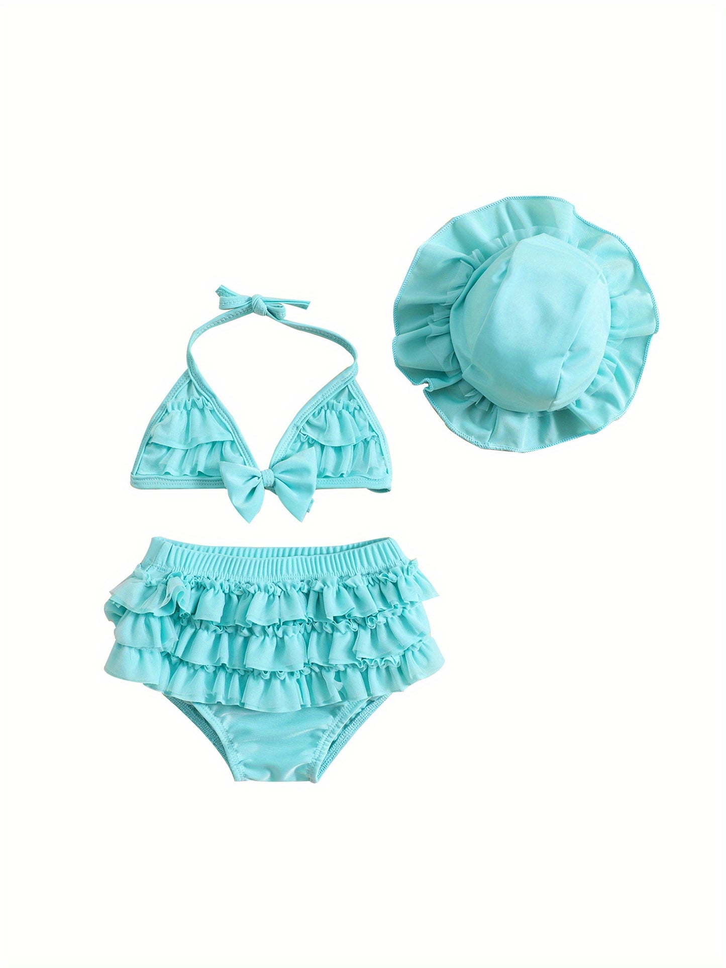 (3-36M) Baby Girls Summer Swimwear Outfit Sets Hanging Neck Tops + Layered Ruffle Shorts + Hat 2pcs bathing suit