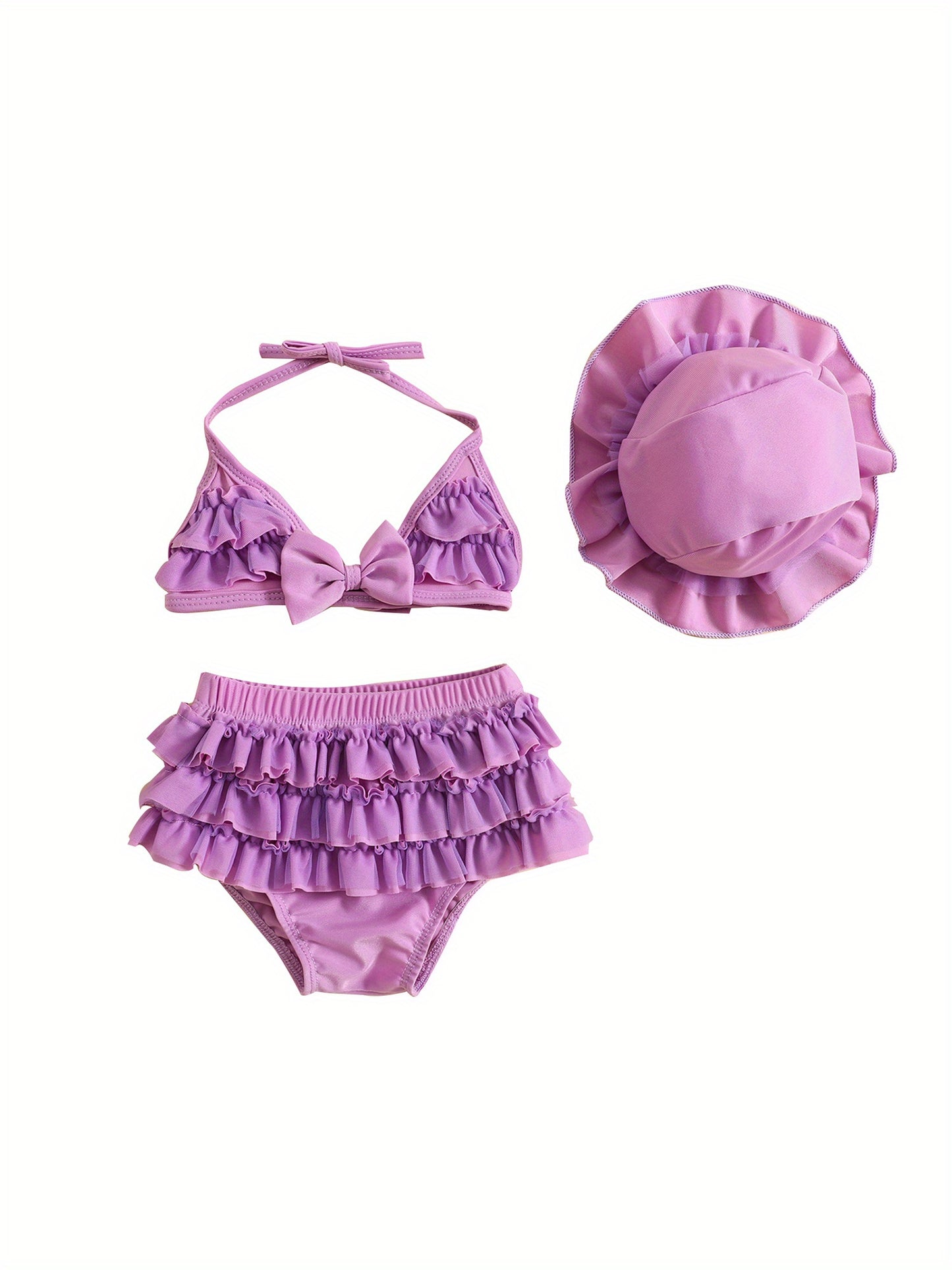 (3-36M) Baby Girls Summer Swimwear Outfit Sets Hanging Neck Tops + Layered Ruffle Shorts + Hat 2pcs bathing suit