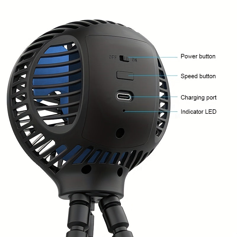 Rechargeable Portable Fan with 3 Speeds And Rotatable Handheld - Battery Powered Stroller Fan, Flexible Tripod Clip On Fan for Car Seat Crib Bike Treadmill