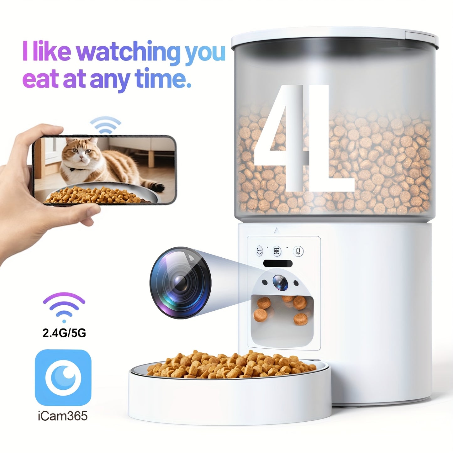 Smart Automatic Pet Feeder with WiFi Camera, Smart for cat Feeder Automatically, 1296P FHD Video Night Vision, Voice Recording, App Control, Stainless Steel Bowl, 5G And 2.4G Wi-Fi, Pet Dry Food Dispenser for Cats And Dogs, A