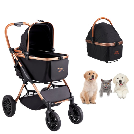 VEVOR Pet Stroller, 3/4 Wheels Dog Stroller Rotate with Brakes, 66/75 lbs Weight Capacity, Puppy Stroller with Detachable Carrier, Storage Basket and Pet Pad, for Small to Medium Sized Dogs, Black