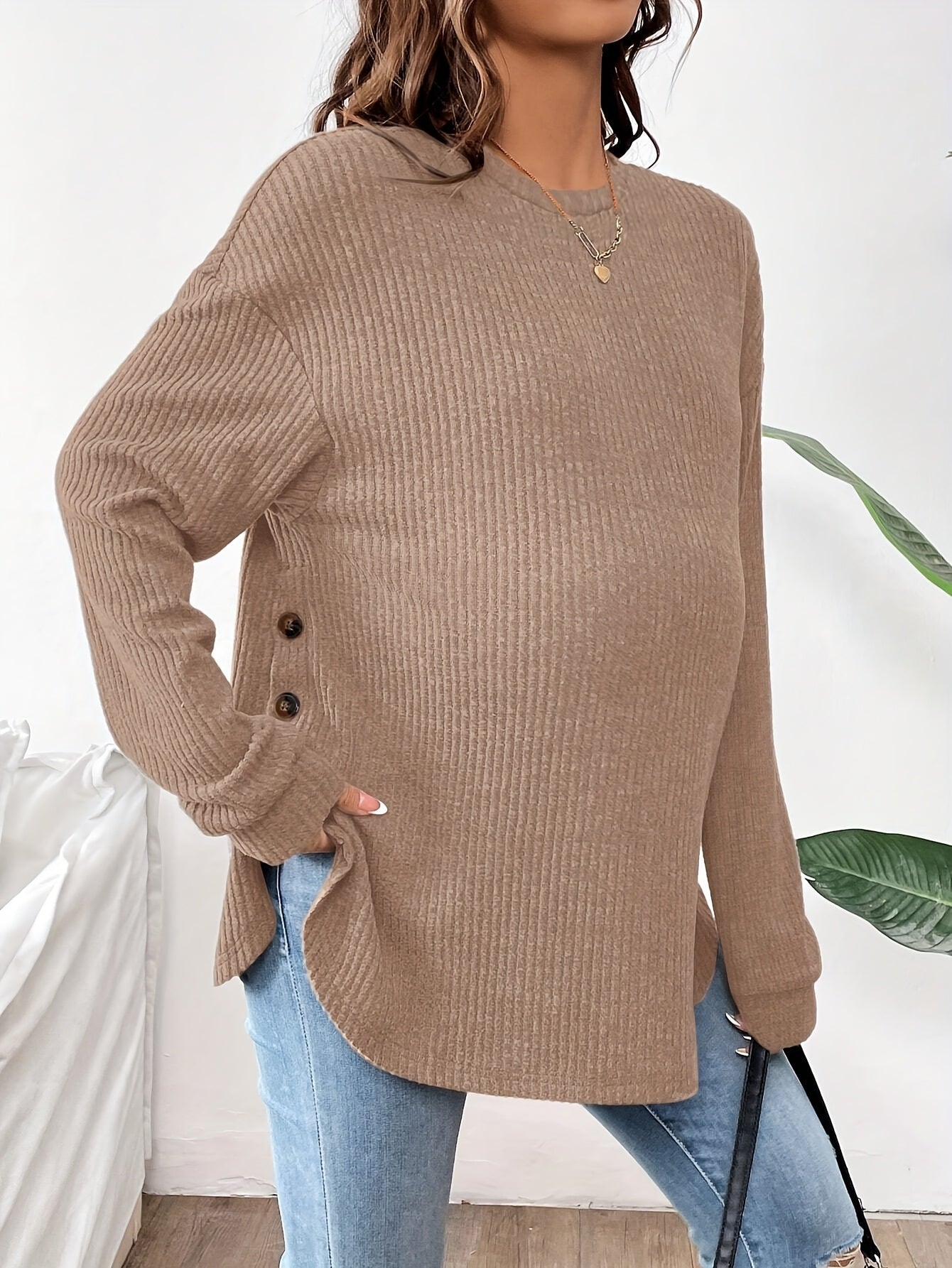 Maternity Long Sleeve Lined Knit Pullover Top With Adjustable Buttons, Round Neck, Perfect For Daily Wear AutumnWinter
