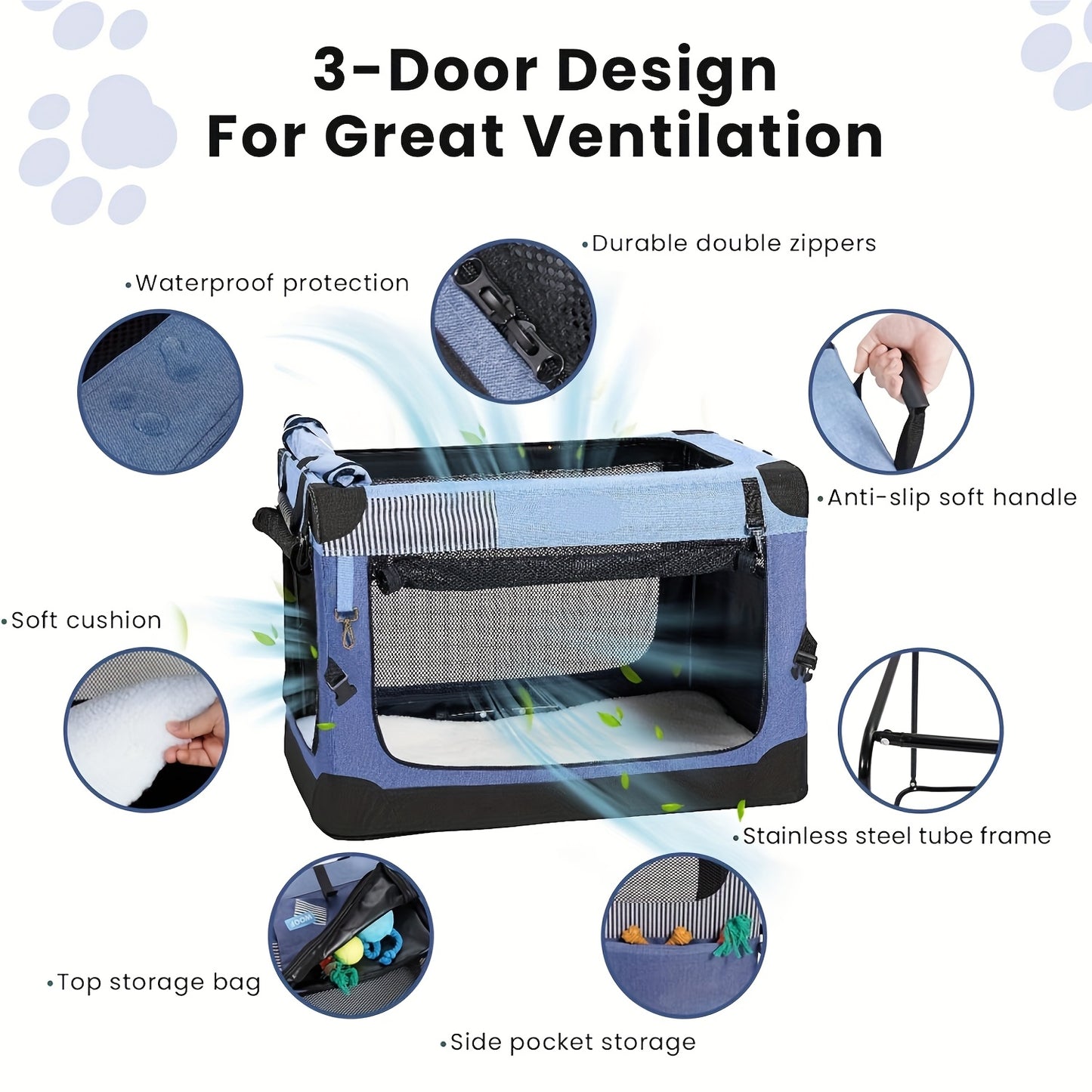 Nomipaw Pet Soft Collapsible Dog Crate - 26/30/36 Inch Portable Travel Dog Crate for Medium/Large Dogs Indoor & Outdoor, 3-Door Pet Crate with Durable Mesh Windows & Storage Bag, Blue
