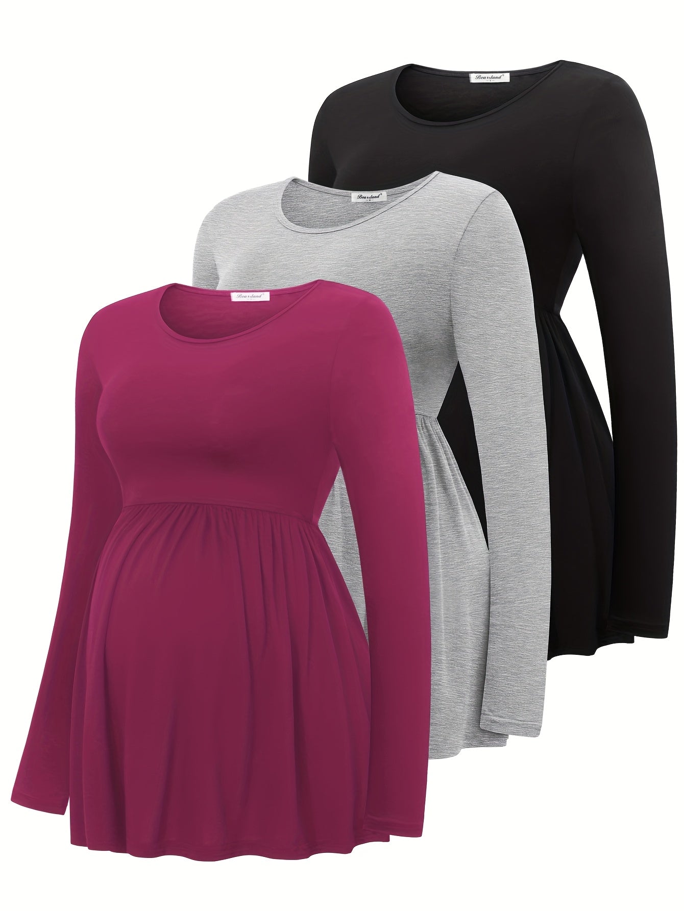 Maternity Long-Sleeve T-Shirts, Round Neck, Loose-Fitting, Comfortable Pregnancy Base Layer - Three-Pack Autumn/Winter