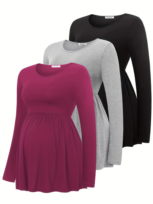 Maternity Long-Sleeve T-Shirts, Round Neck, Loose-Fitting, Comfortable Pregnancy Base Layer - Three-Pack Autumn/Winter