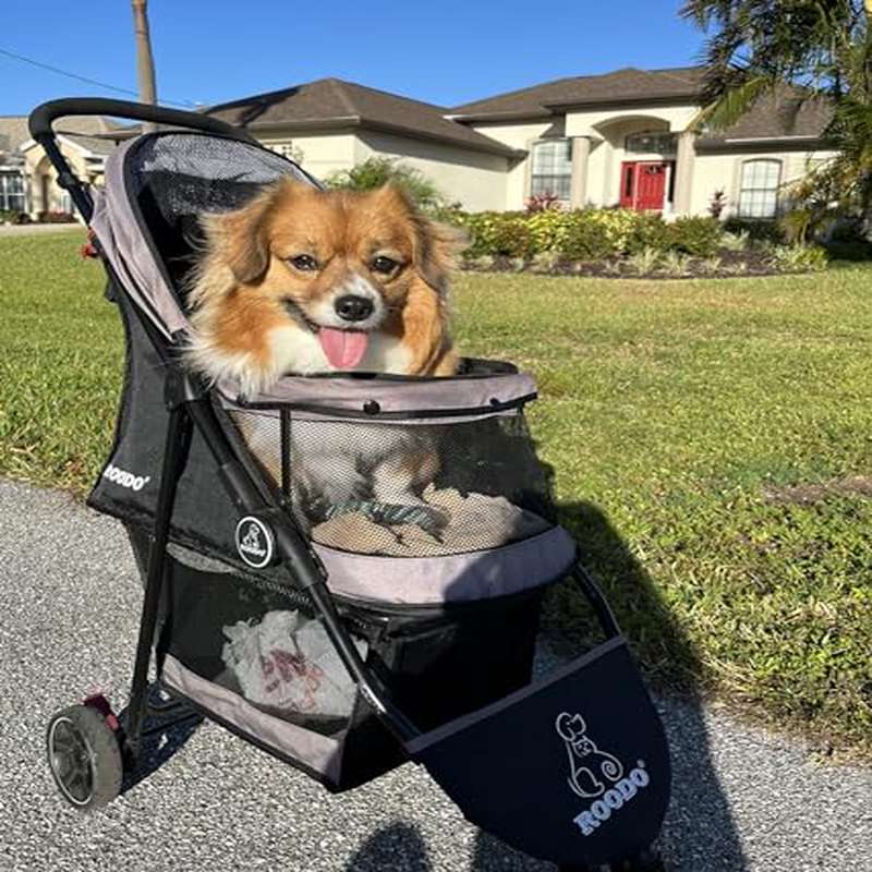 ROODO Escort 3 Wheel Pet Stroller for Small Medium Dogs Cats | Best Lightweight Foldable - All Terrain Travel Gear System, Grey, Made of Linen and Alloy Steel