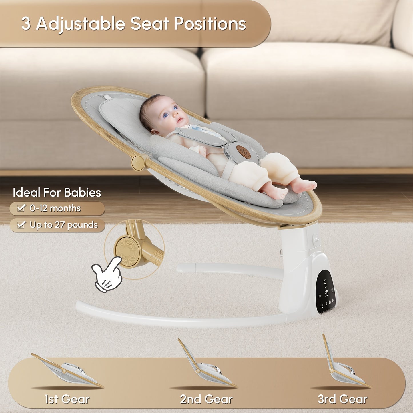 Baby Swings for Infants, Infant Swing with Music Speaker with 3 Seat Positions, 5 Speeds And Remote Control - Portable Baby Swing for Indoor And Outdoor