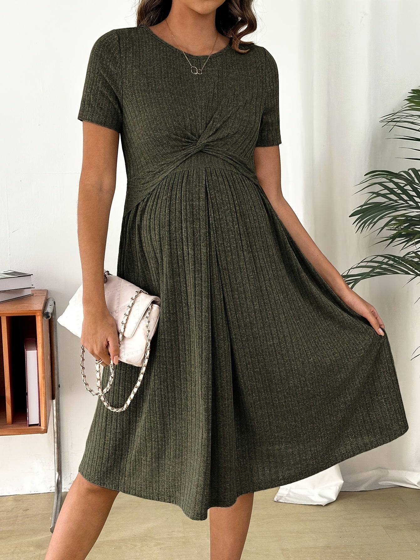 Casual Solid Color Twist Neck Nursing Dress, Summer