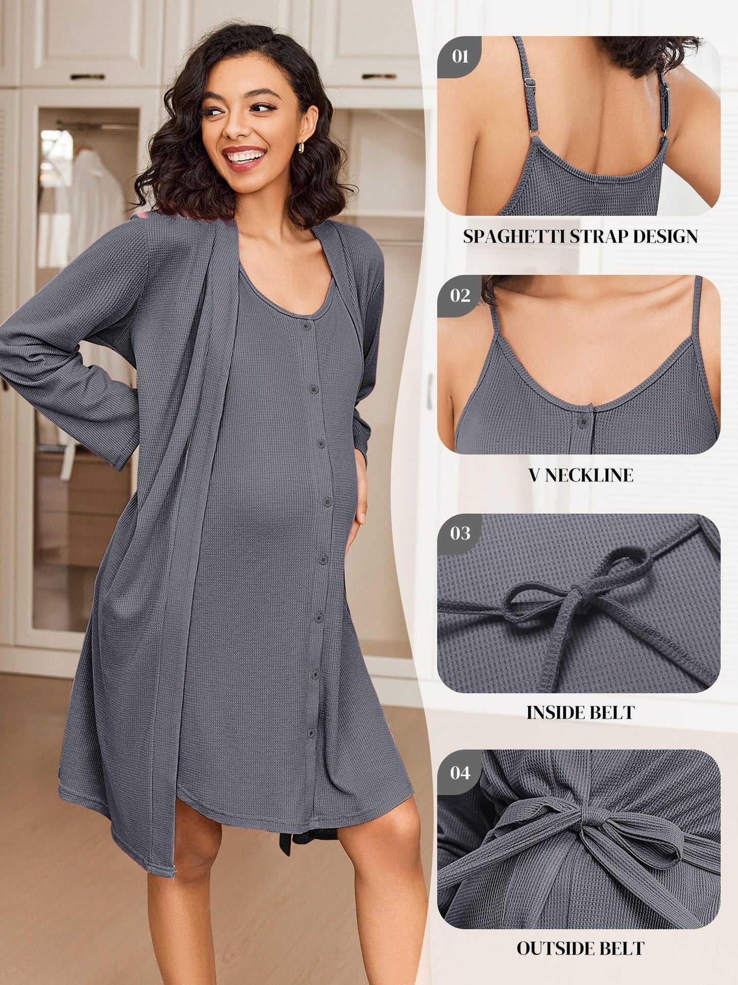 Nursing Maternity Nightgown and Robe Set - 2pcs,  Suitable for Prenatal And Postpartum Lounge wear