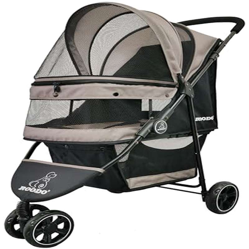 ROODO Escort 3 Wheel Pet Stroller for Small Medium Dogs Cats | Best Lightweight Foldable - All Terrain Travel Gear System, Grey, Made of Linen and Alloy Steel
