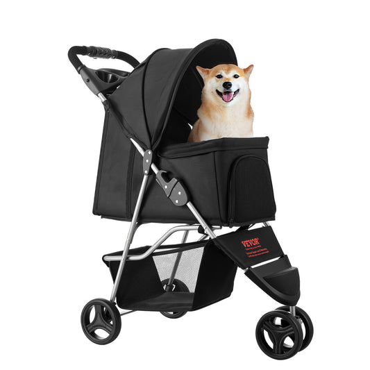 Foldable 3-Wheel Heavy-Duty Pet Stroller Cart Suitable for Small to Medium Dogs & Cats - Portable Dog Carrier Cart with Brake System, Cup Holders, Mesh Ventilation & Foldable, 35 Lbs Weight Capacity for Travel, Vet Visits, Ou