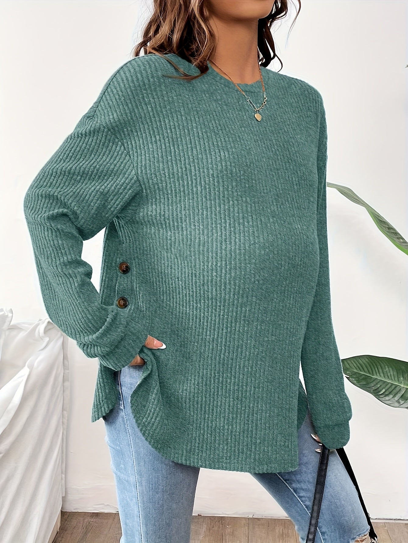 Maternity Long Sleeve Lined Knit Pullover Top With Adjustable Buttons, Round Neck, Perfect For Daily Wear AutumnWinter