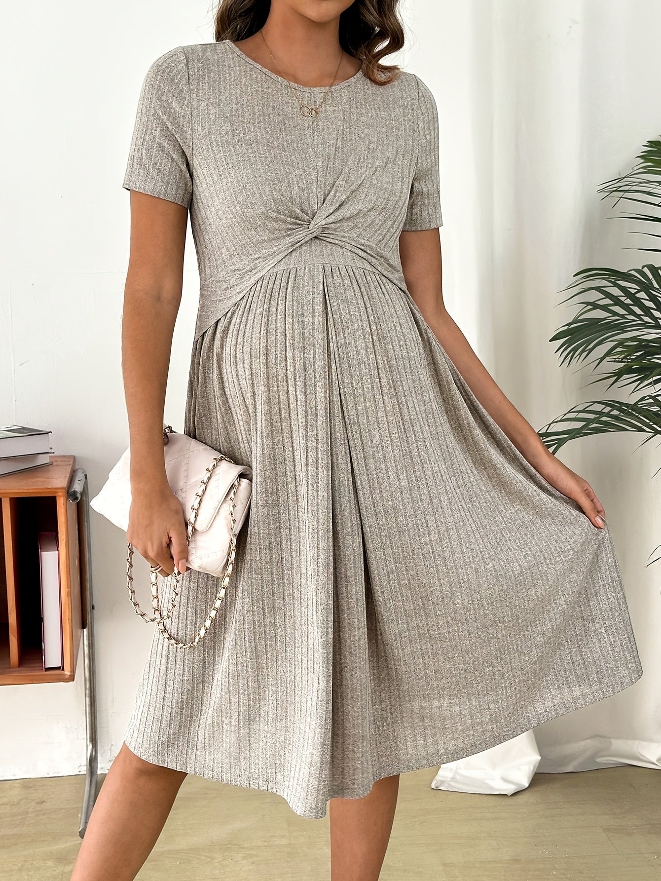 Casual Solid Color Twist Neck Nursing Dress, Summer