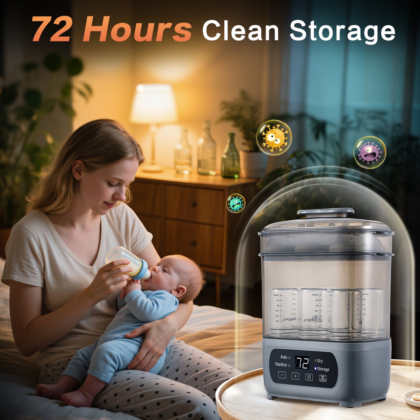 Baby Bottle Steamer and Dryer, 4-in-1 Universal Fit for All Bottles, Easy Control Electric Steam Bottle Dryer for Baby Stuffs & Breast Pump Accessories, LED Touch Screen, Auto Shut-Off, 2 Colours