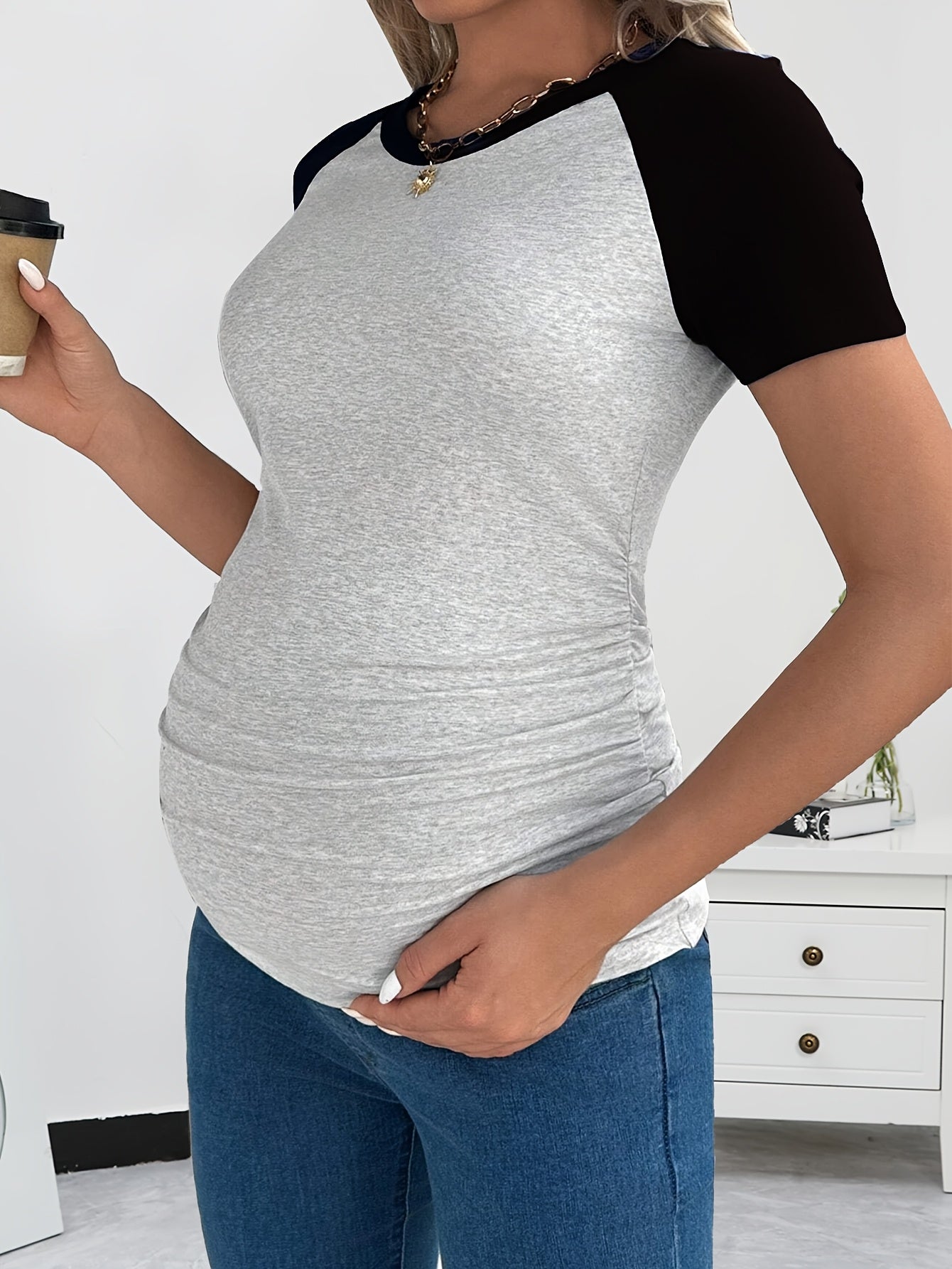 Maternity T-Shirt with Color Block Short Sleeves