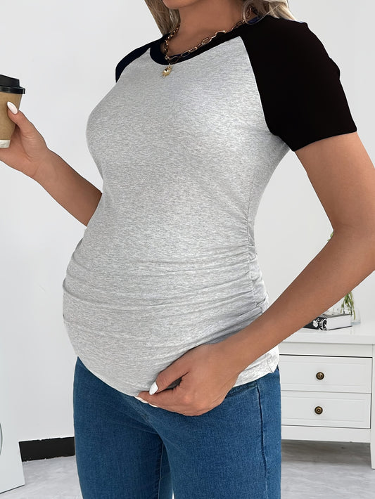 Maternity T-Shirt with Color Block Short Sleeves