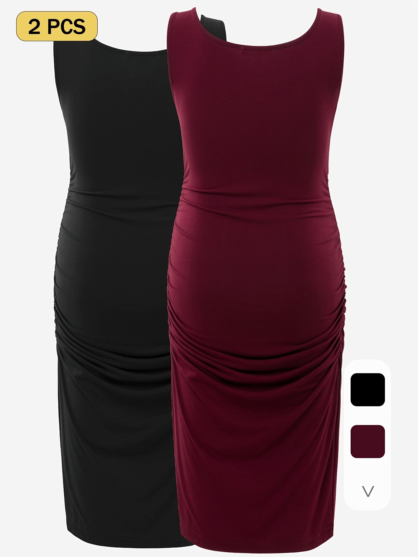 Maternity Tank Dresses - Women's Comfortable Crew-Neck Sleeveless Ruched Summer Dresses for Pregnant Women, All Seasons, Pregnancy Announcement Dresses - 2PCS