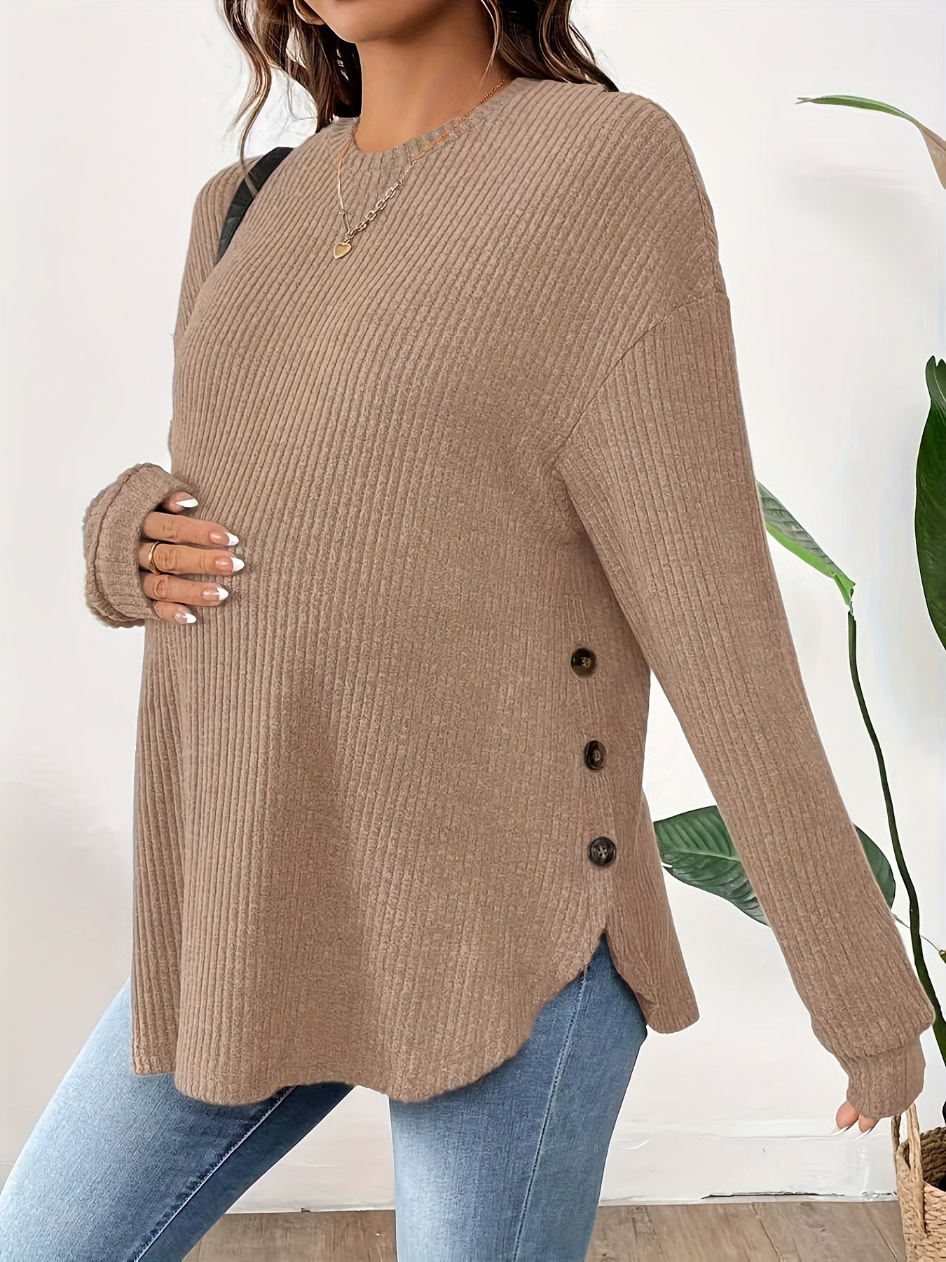 Maternity Long Sleeve Lined Knit Pullover Top With Adjustable Buttons, Round Neck, Perfect For Daily Wear AutumnWinter