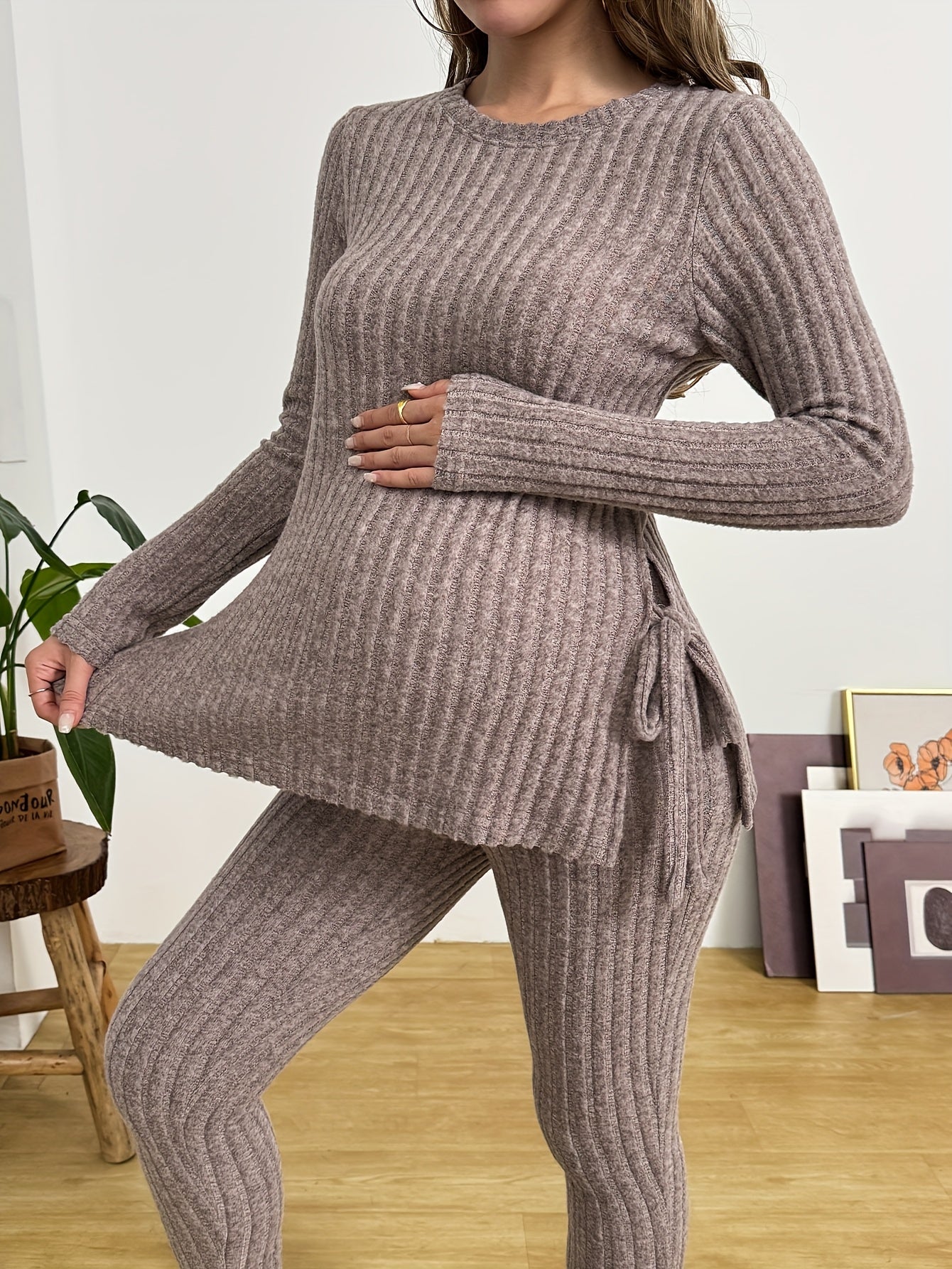 Maternity Women's Fall/Winter 2PCS - Loose Warm Set with Long Sleeves, Round Neck Side Slit and Adjustable Pants Leg Ties