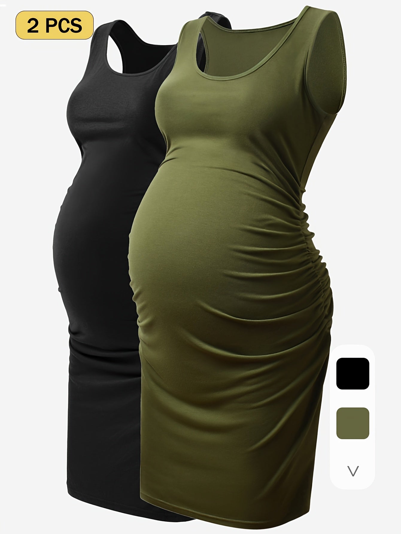 Maternity Tank Dresses - Women's Comfortable Crew-Neck Sleeveless Ruched Summer Dresses for Pregnant Women, All Seasons, Pregnancy Announcement Dresses - 2PCS