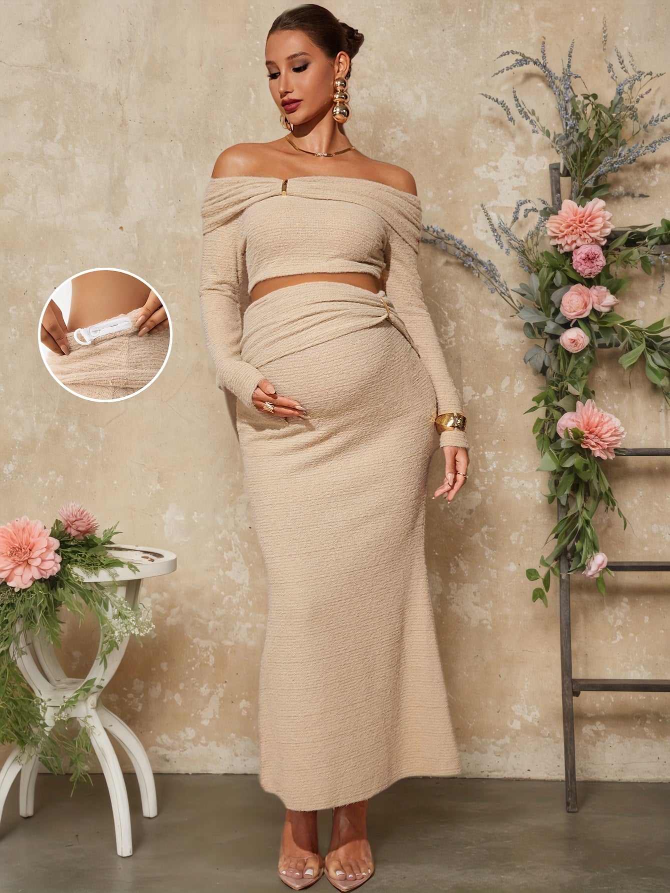 Expectant Mothers Stylish Two-Piece Set Featuring a Solid Color One-Shoulder Short Top And Skirt, Perfect for Spring And Autumn Parties