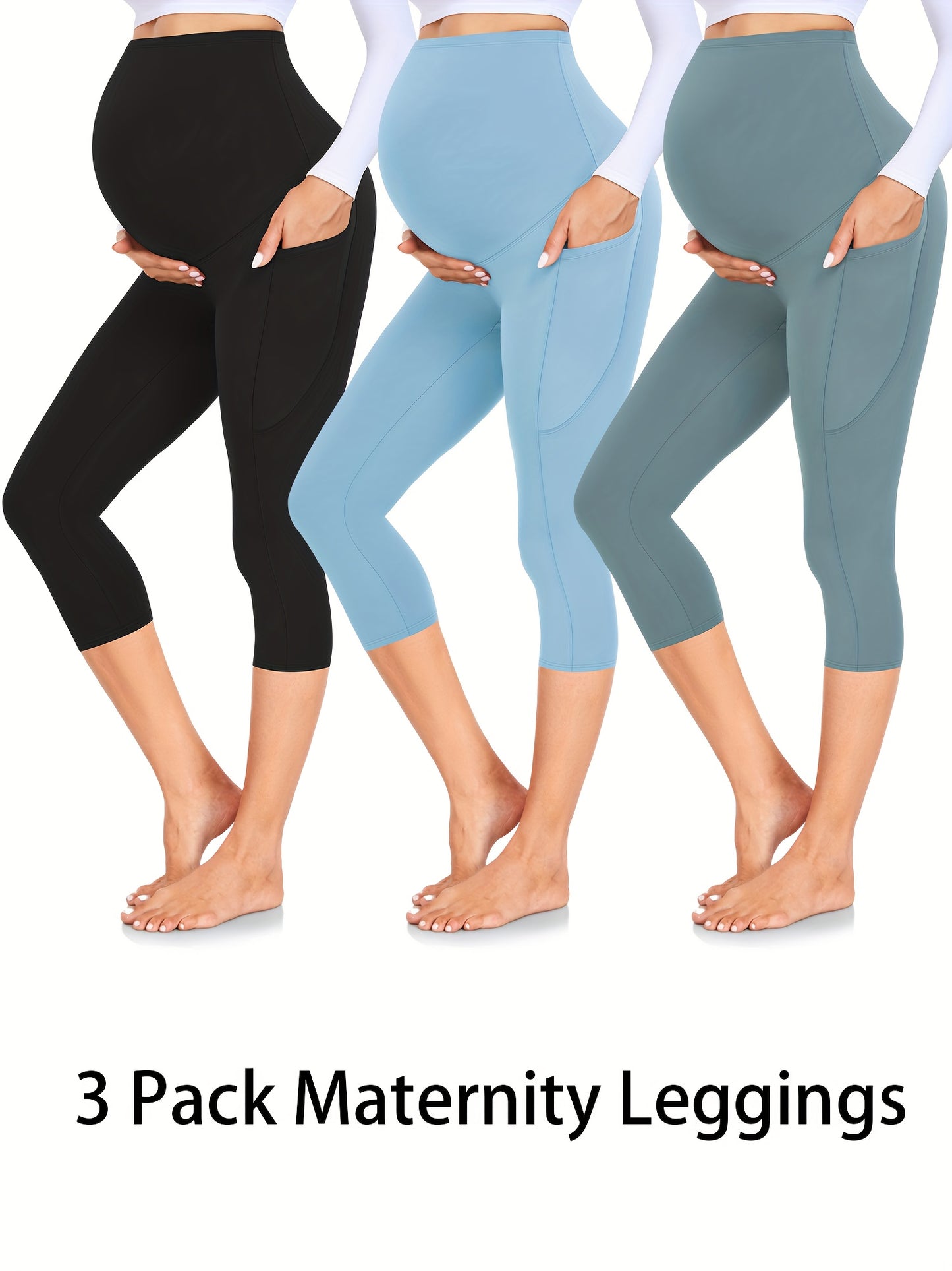 3 Pack Maternity Leggings with Pockets Over The Belly, Womens Workout Yoga Pregnancy Pants - Soft Workout Pregnancy Yoga Pants