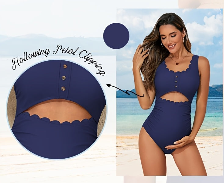 Maternity Swimsuit Scoop Neck One Piece Maternity Bathing Suit Hollowing Petal Clipping High Waist Swimwear