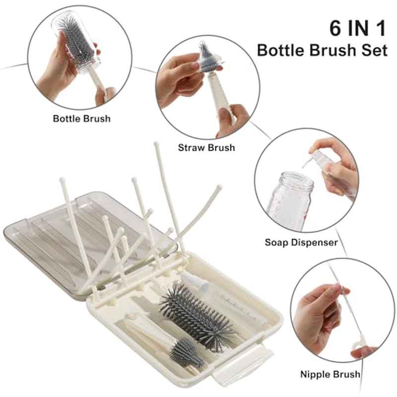 6-in-1 Baby Bottle Brush Set with Silicone Brushes, Drying Rack, Nipple Brush, Straw Brush & Storage Box - All-in-One Cleaning Kit with Soap Dispenser, Soft Bristles & Compact Travel for Breast Pump Parts, Sippy Cups, Teethin