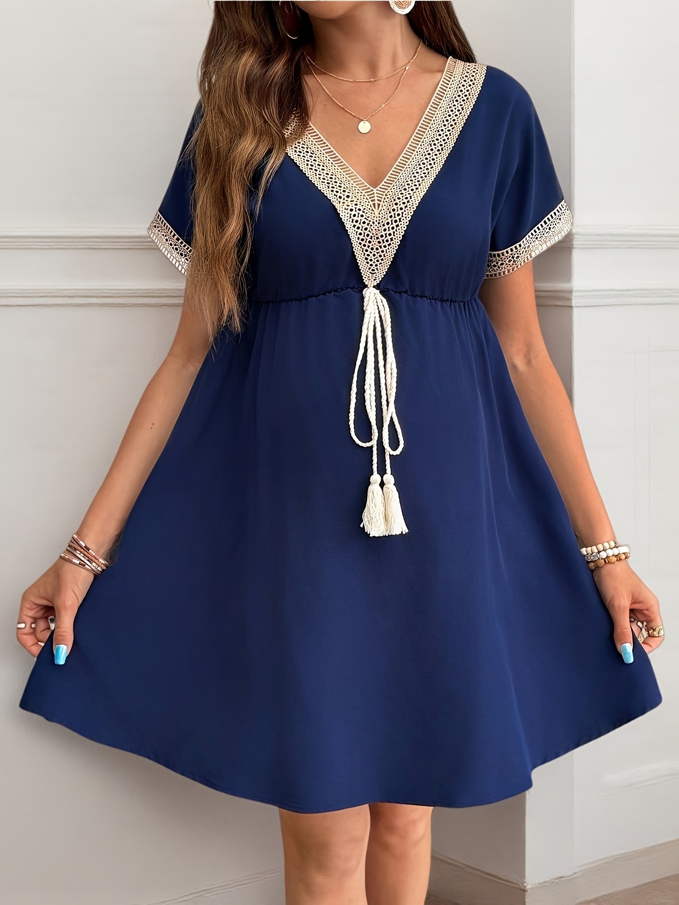 Maternity V-Neck - Ruffle Trim - Short Sleeve Dress | Medium Stretch, Solid Color, Flared Hem, Ideal for Spring and Summer