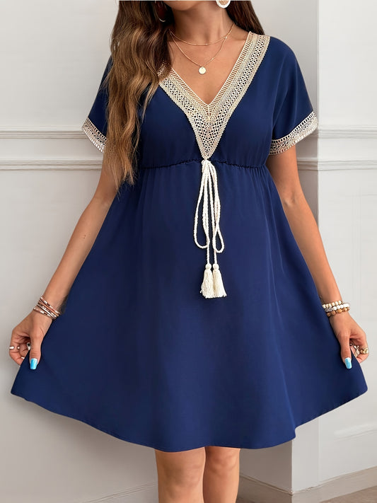 Maternity V-Neck - Ruffle Trim - Short Sleeve Dress | Medium Stretch, Solid Color, Flared Hem, Ideal for Spring and Summer
