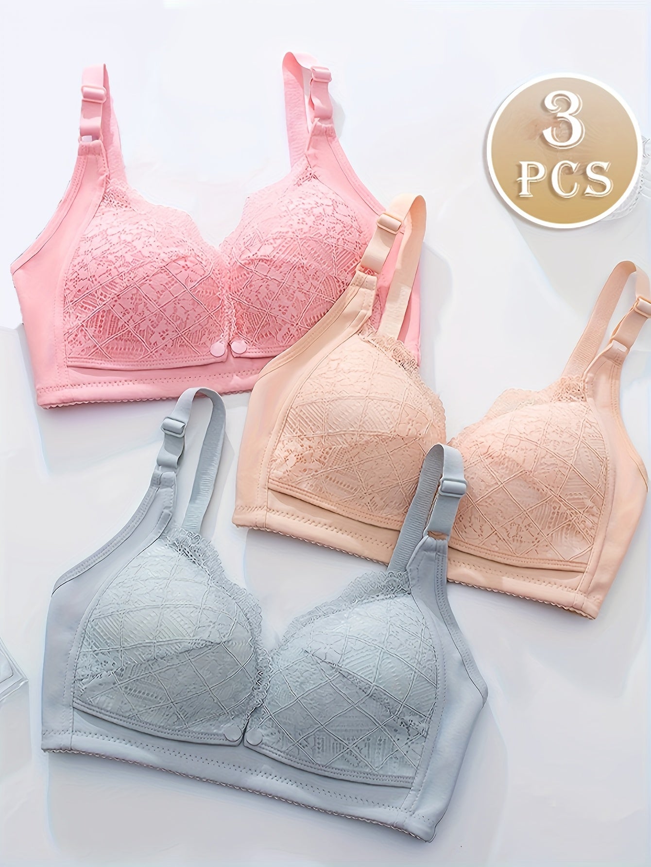 Nursing Bras with Front latch for breastfeeding - Lace Underwire, Hand Washable (Non-Dry), 3PCS