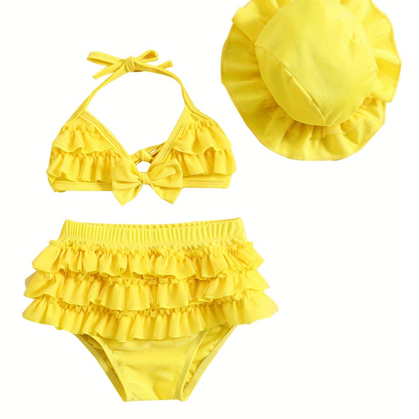 (3-36M) Baby Girls Summer Swimwear Outfit Sets Hanging Neck Tops + Layered Ruffle Shorts + Hat 2pcs bathing suit