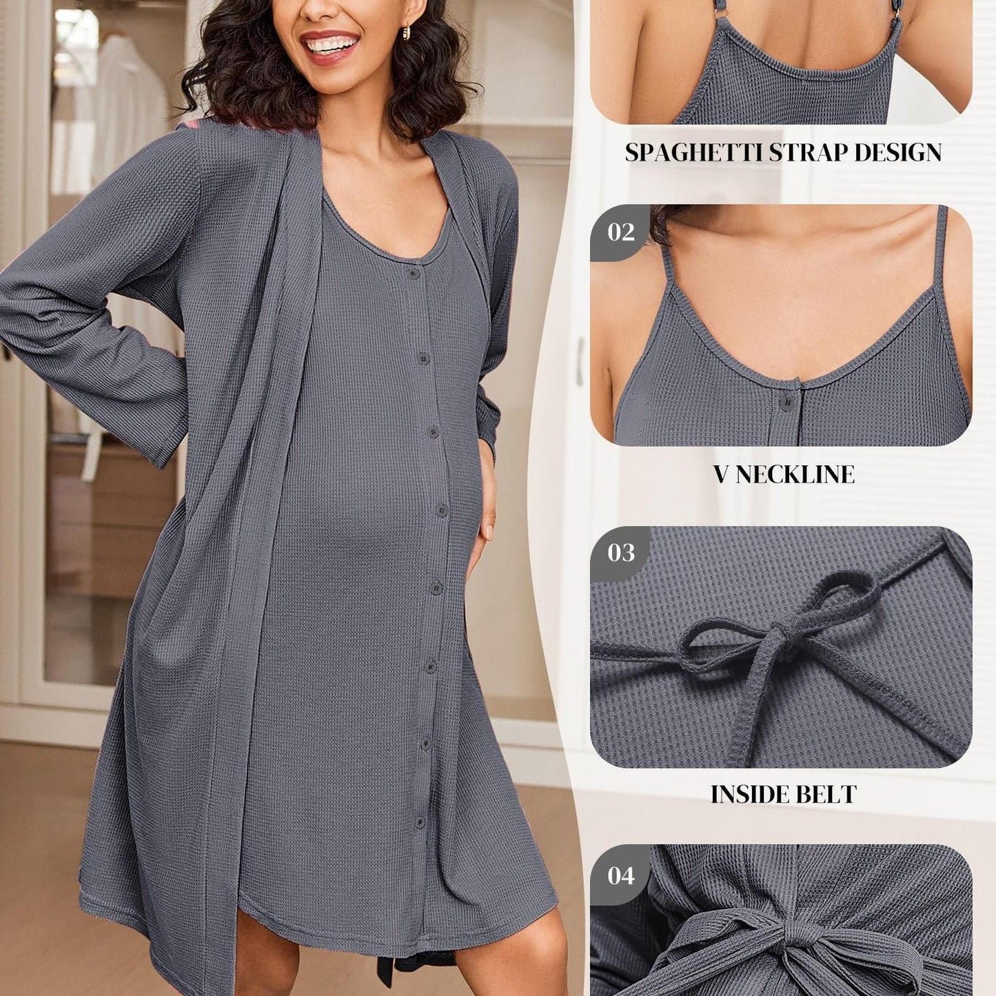 Nursing Maternity Nightgown and Robe, 2 pc, Suitable for Prenatal and Postpartum Loungewear