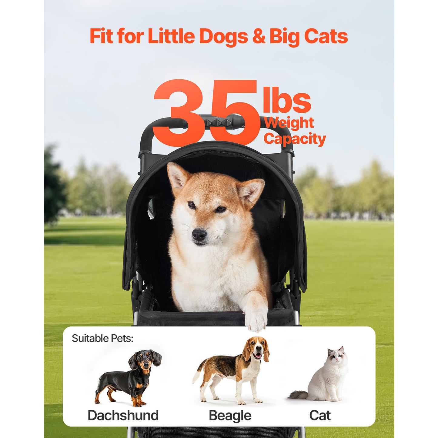 Foldable 3-Wheel Heavy-Duty Pet Stroller Cart Suitable for Small to Medium Dogs & Cats - Portable Dog Carrier Cart with Brake System, Cup Holders, Mesh Ventilation & Foldable, 35 Lbs Weight Capacity for Travel, Vet Visits, Ou