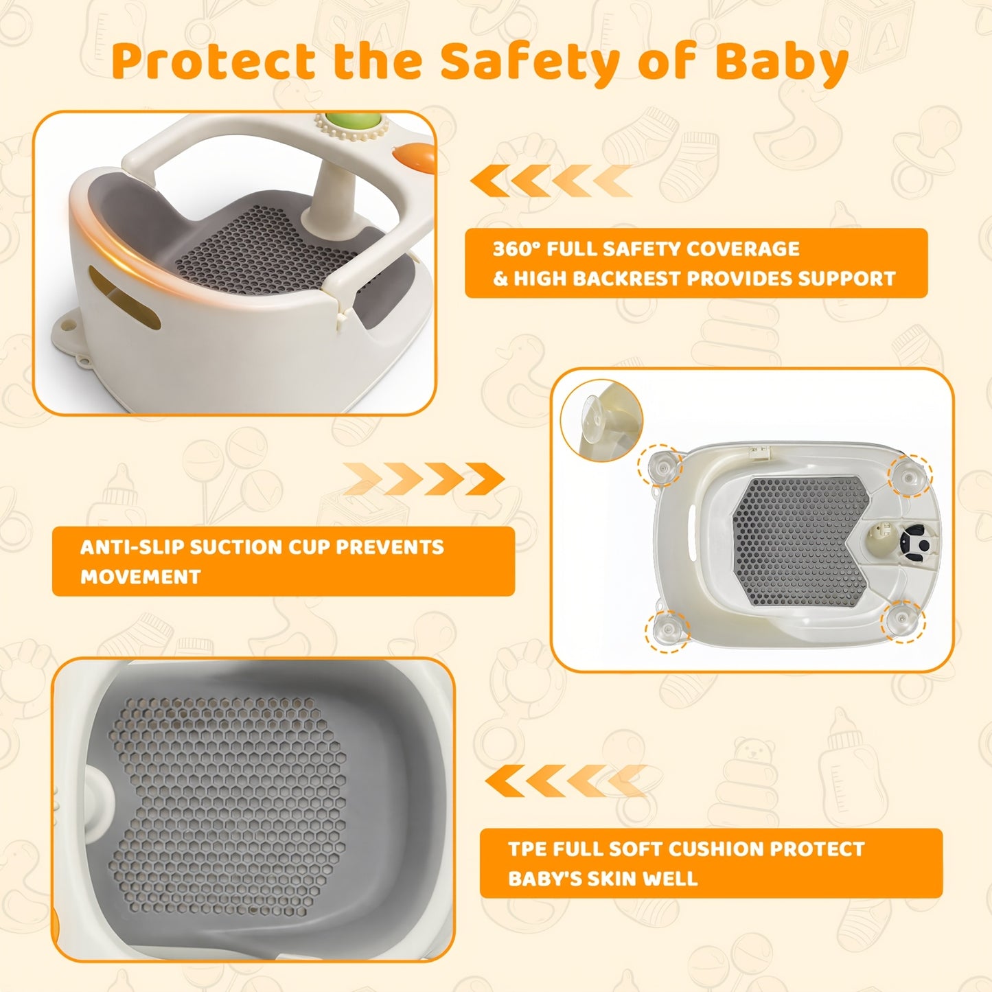 Bath Seat for Sitting Babies, Designed for Babies And Children to Ensure Safety During Bathing And Showering. Suitable for Infants Aged 6 Months And Older, This Non-Slip Chair Features Suction Cups And a Soft Cushion.