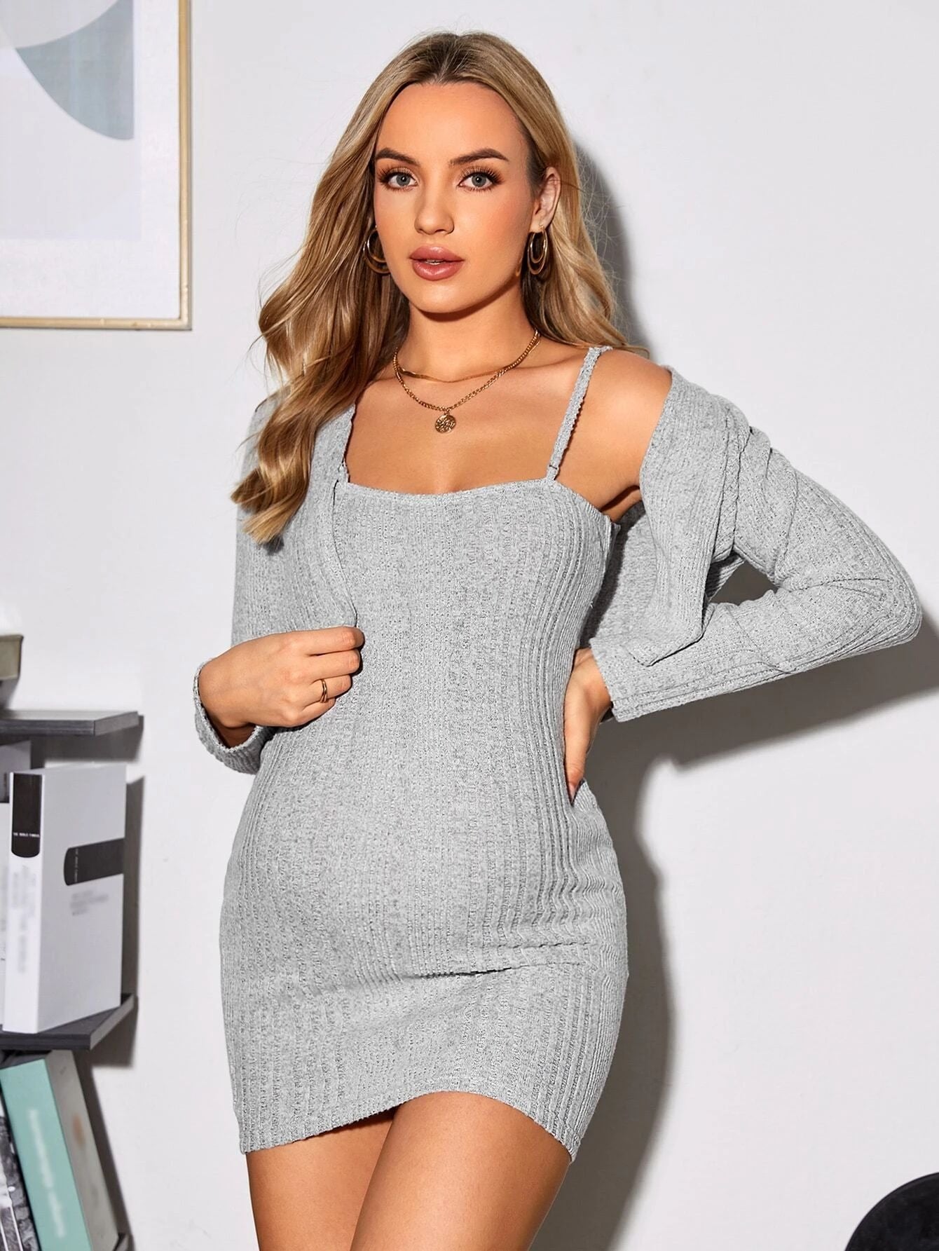 Maternity 2pcs Set, Sleeveless Bodycon Dress & Shrug Cardigan for Casual Daily/ Shower/Party Wear