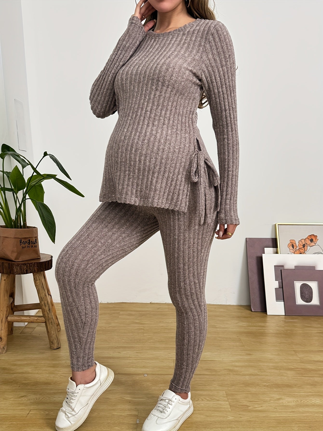 Maternity Women's Fall/Winter 2PCS - Loose Warm Set with Long Sleeves, Round Neck Side Slit and Adjustable Pants Leg Ties