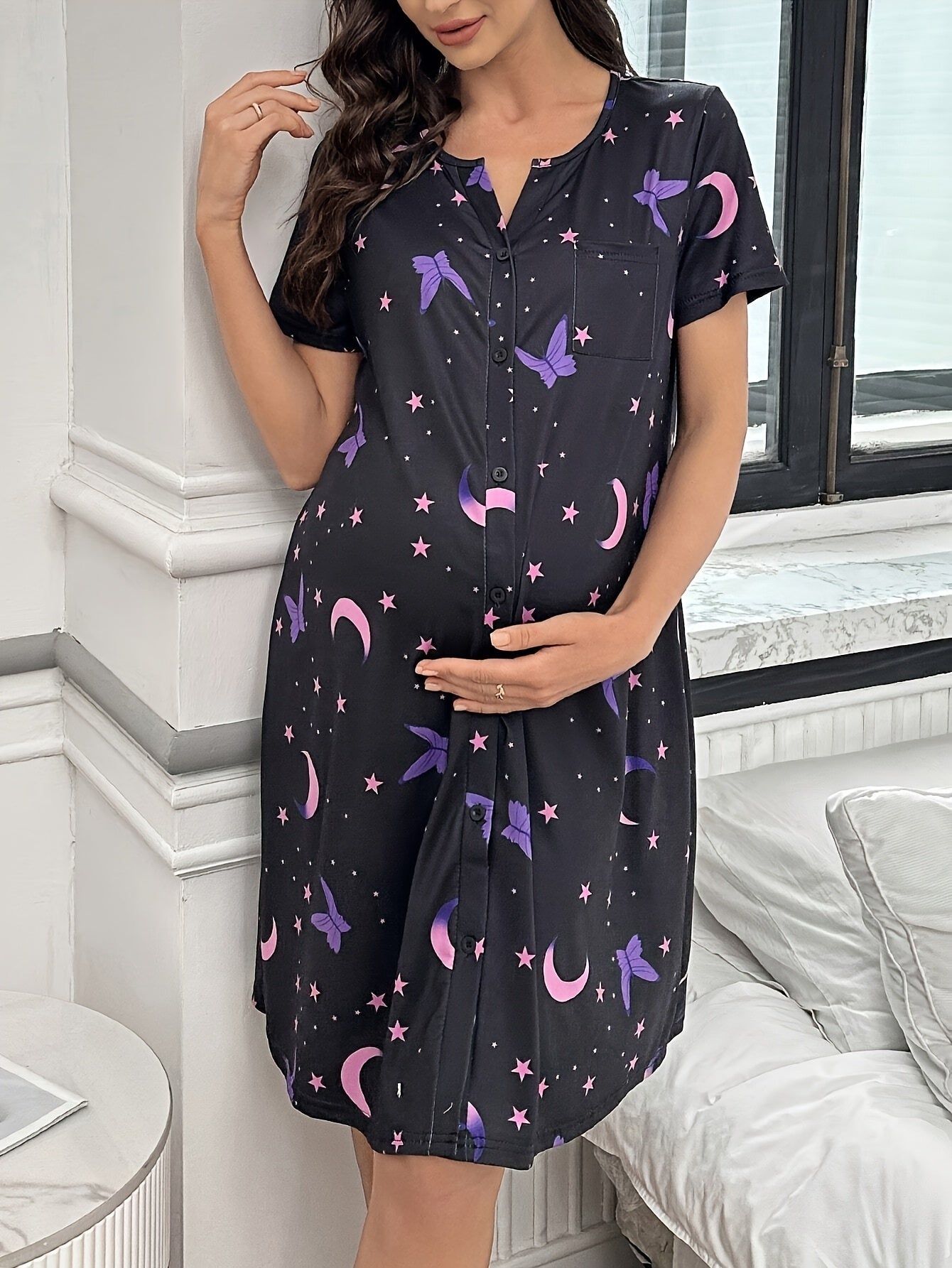 Maternity Nightgown - Purple Butterfly & Pink Moon Star Print Short Sleeve Button-Front Sleep Dress, Machine Washable Regular Fit Pajamas for Pregnancy & Nighttime Comfort, Maternity Clothes