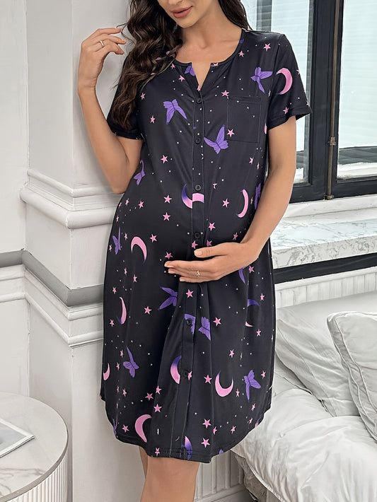 Maternity Nightgown - Purple Butterfly & Pink Moon Star Print Short Sleeve Button-Front Sleep Dress, Machine Washable Regular Fit Pajamas for Pregnancy & Nighttime Comfort, Maternity Clothes