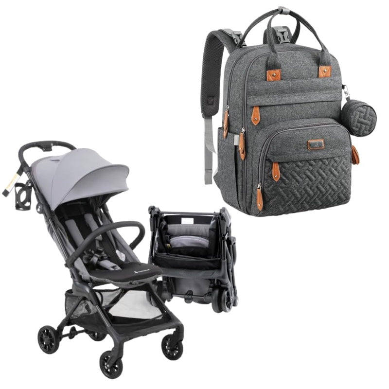 BabbleRoo Hoplite Travel Stroller and Original Diaper Bag, Dark Gray