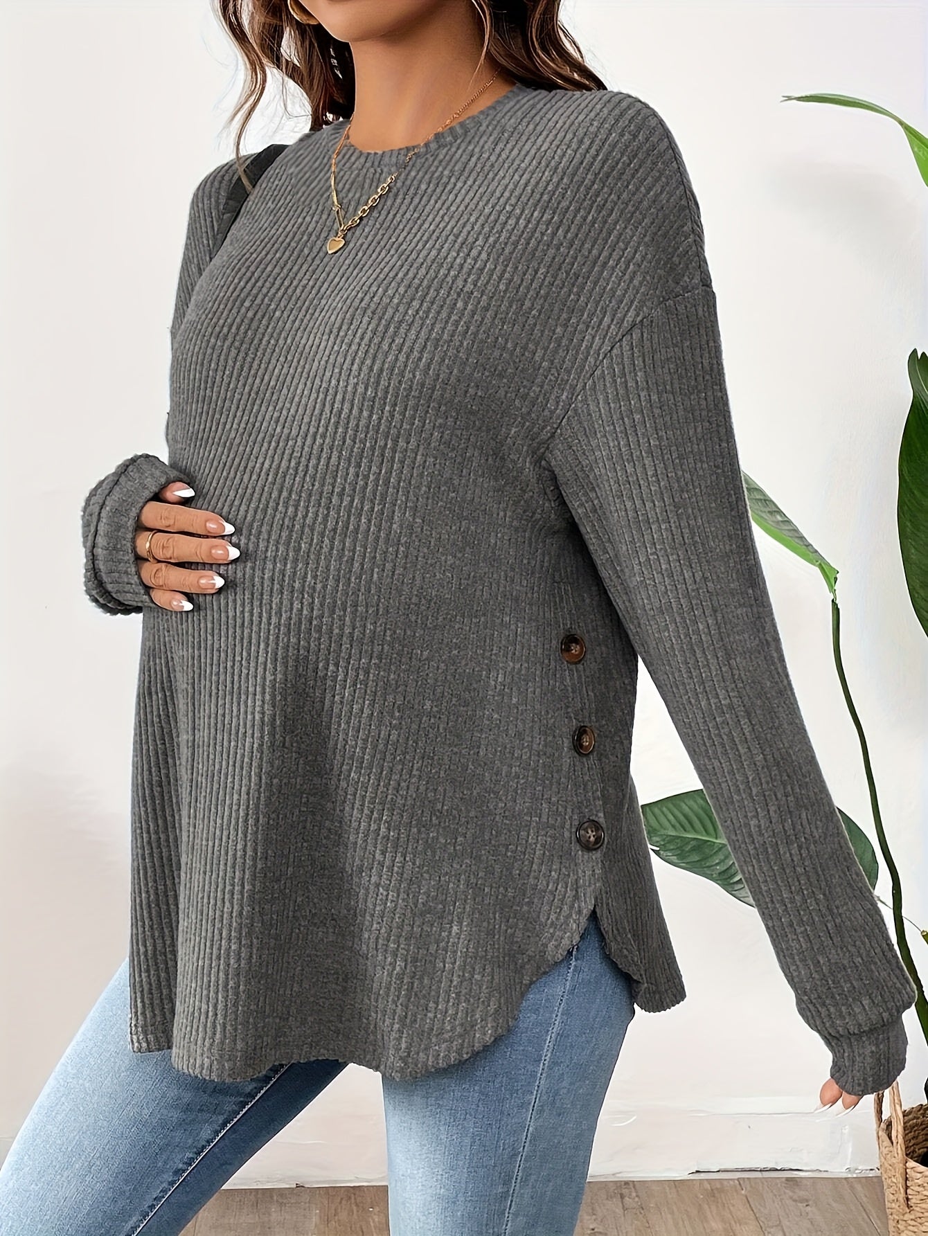 Maternity Long Sleeve Lined Knit Pullover Top With Adjustable Buttons, Round Neck, Perfect For Daily Wear AutumnWinter