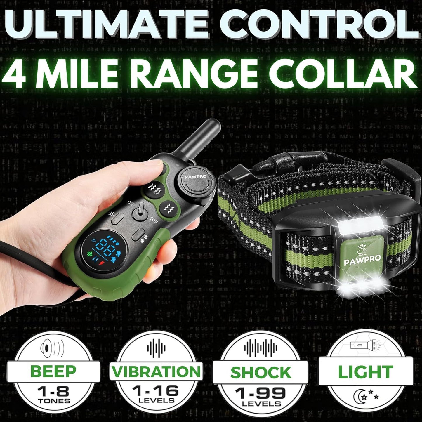 PAWPRO Dog Training Collar with Remote, XXL 4-Mile Unmatched Range for Maximum Control, Night-Light Mode for Safety & Visibility, 124 Adjustable Levels & 4 Safe Training Modes (Beep, Vibration, Shock, Night-Light), Free Exper