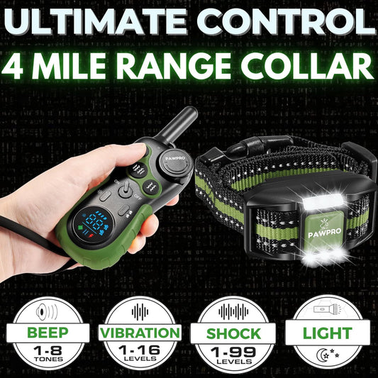 PAWPRO Dog Training Collar with Remote, XXL 4-Mile Unmatched Range for Maximum Control, Night-Light Mode for Safety & Visibility, 124 Adjustable Levels & 4 Safe Training Modes (Beep, Vibration, Shock, Night-Light), Free Exper