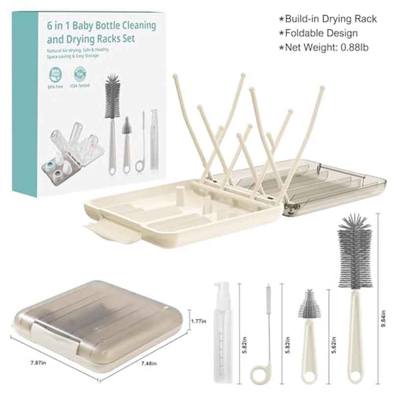 6-in-1 Baby Bottle Brush Set with Silicone Brushes, Drying Rack, Nipple Brush, Straw Brush & Storage Box - All-in-One Cleaning Kit with Soap Dispenser, Soft Bristles & Compact Travel for Breast Pump Parts, Sippy Cups, Teethin