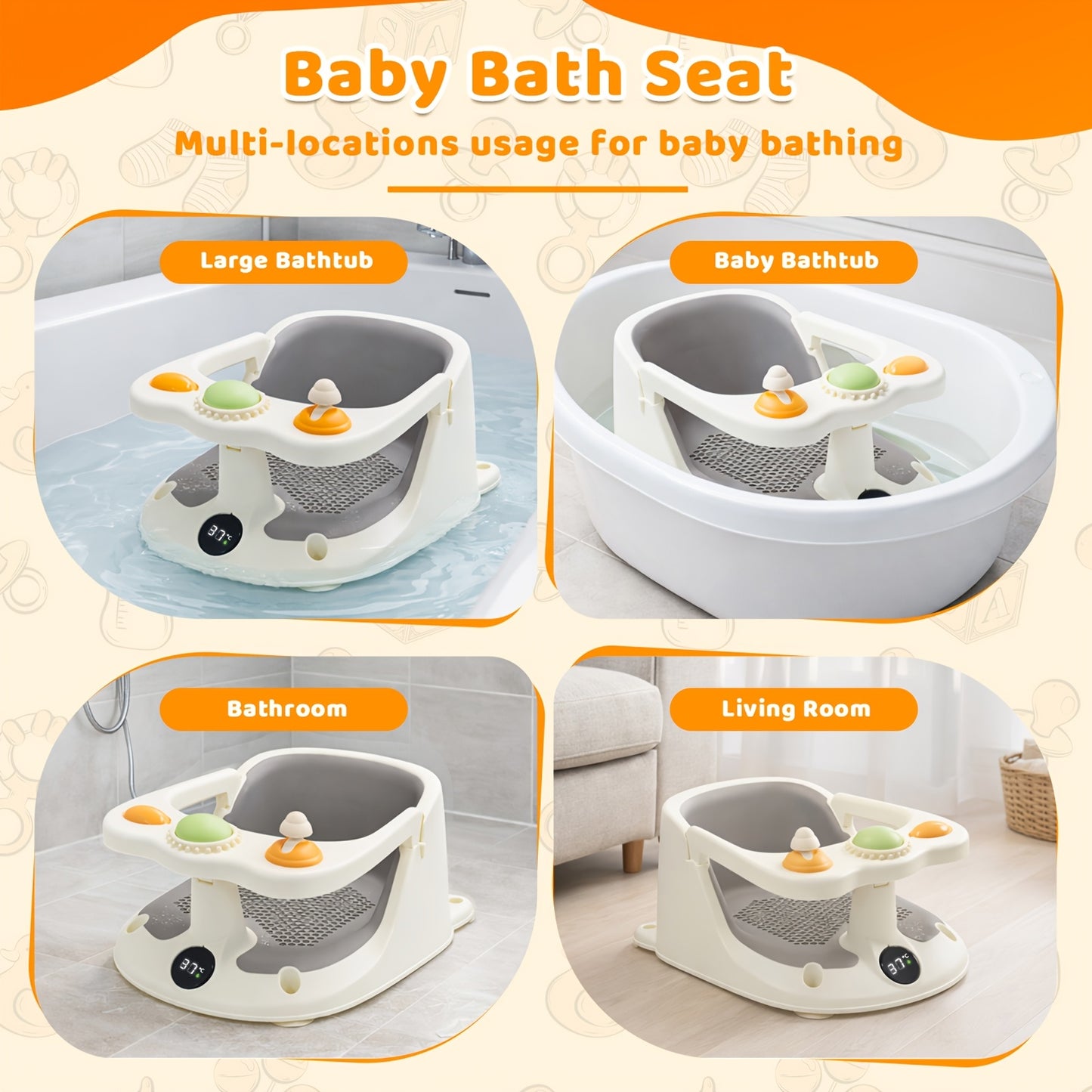 Bath Seat for Sitting Babies, Designed for Babies And Children to Ensure Safety During Bathing And Showering. Suitable for Infants Aged 6 Months And Older, This Non-Slip Chair Features Suction Cups And a Soft Cushion.