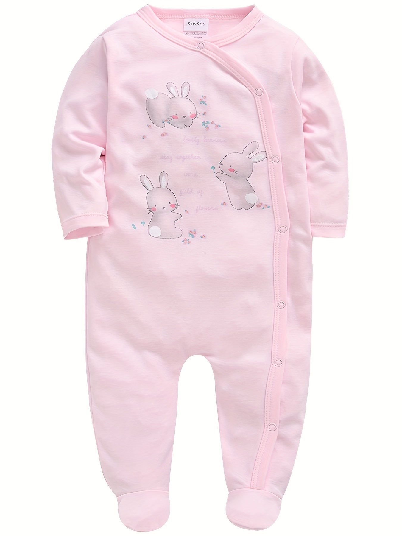 100% Cotton Print Newborn Baby Girl Soft Long Sleeve Footed Romper Cartoon Bunny Rabbit Floral, 0-12 Months