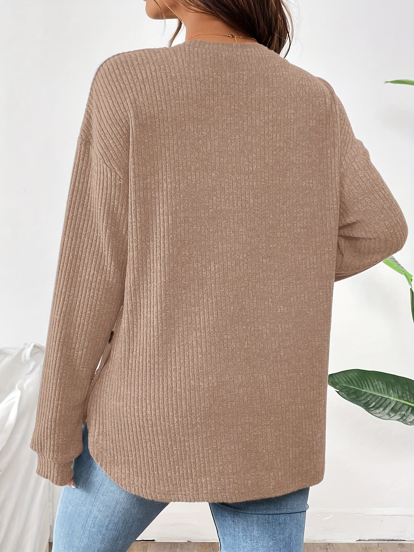 Maternity Long Sleeve Lined Knit Pullover Top With Adjustable Buttons, Round Neck, Perfect For Daily Wear AutumnWinter