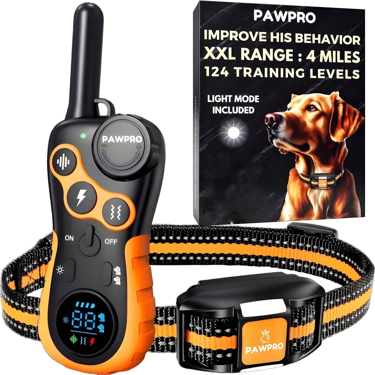 PAWPRO Dog Training Collar with Remote, XXL 4-Mile Unmatched Range for Maximum Control, Night-Light Mode for Safety & Visibility, 124 Adjustable Levels & 4 Safe Training Modes (Beep, Vibration, Shock, Night-Light), Free Exper