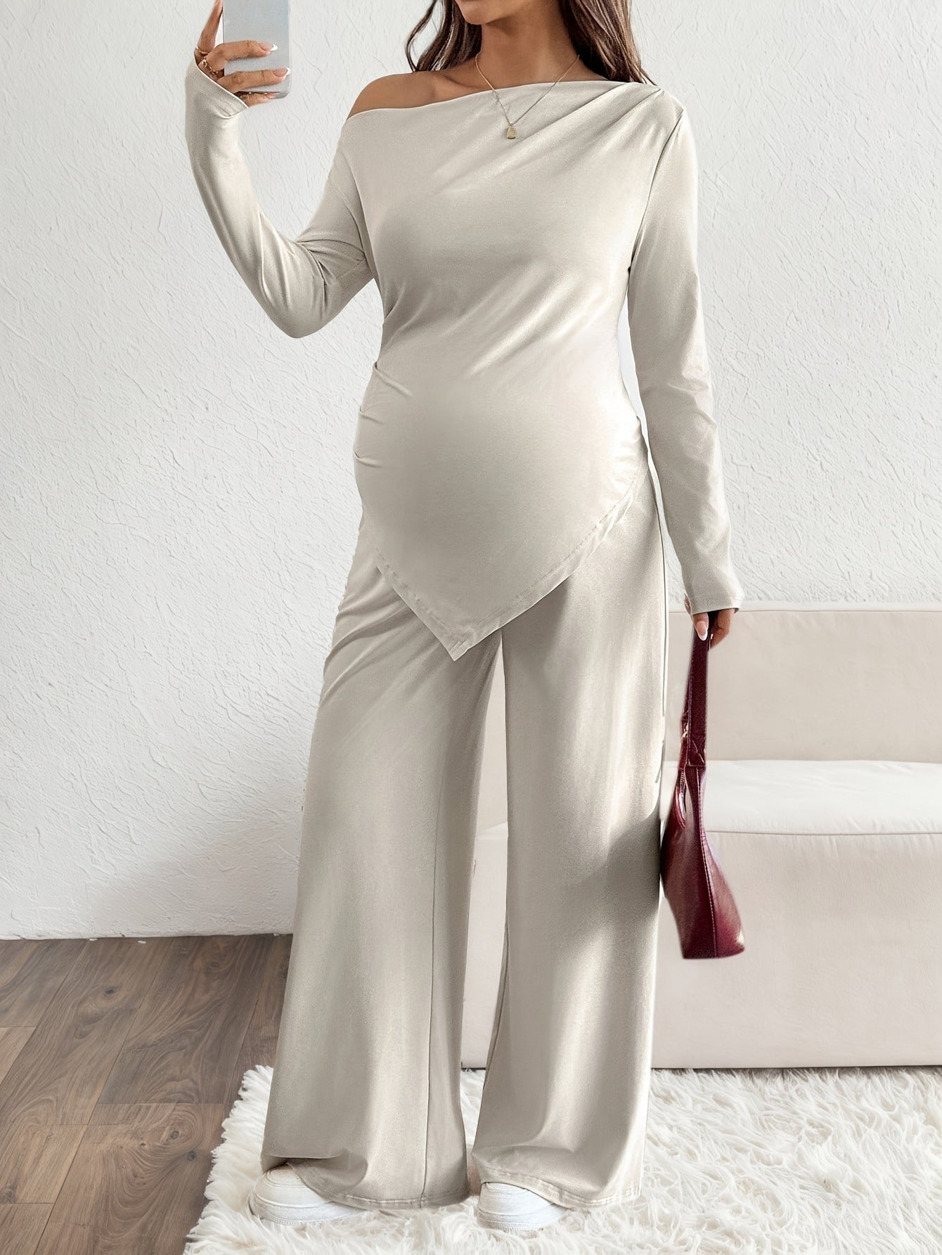 Maternity Casual Solid Color Asymmetrical Top and Pants 2pc Set, Spring and Autumn